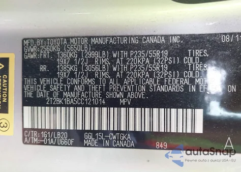 2012 Lexus Rx 350 from USA, damaged, VIN 2T2BK1BA5CC121014